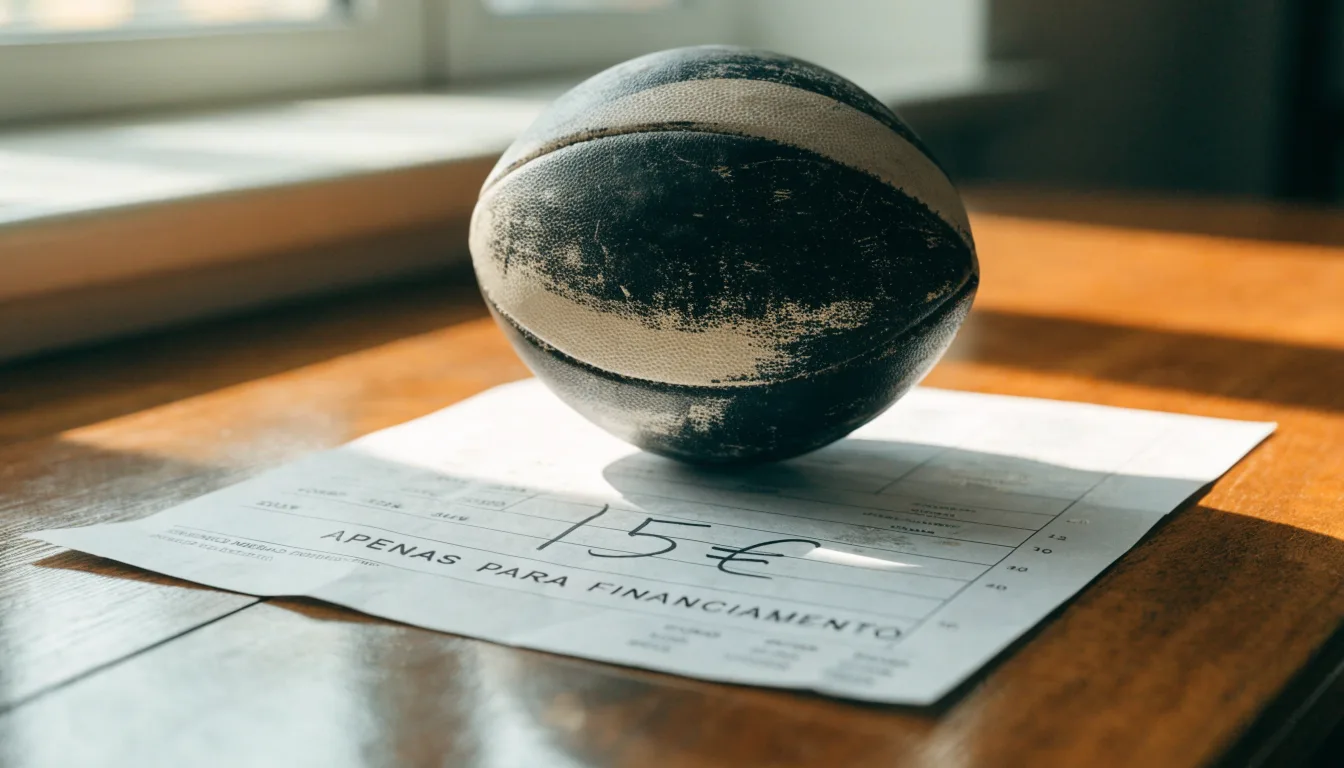 Uma bola de futebol pousada sobre um talão de apostas em branco numa mesa de madeira, à luz do dia