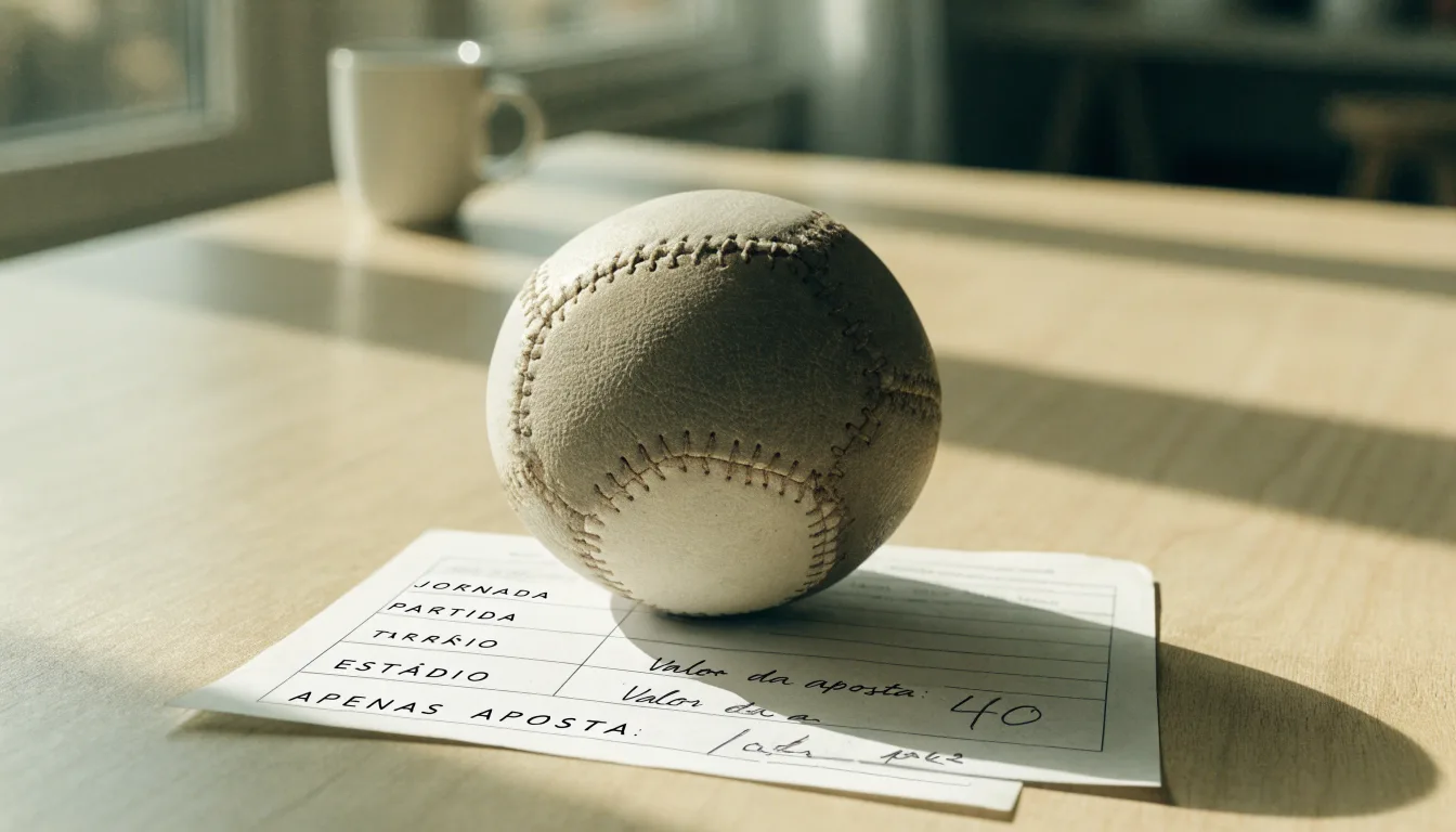 Uma bola de futebol pousada sobre um talão de apostas em branco numa mesa de madeira, à luz do dia