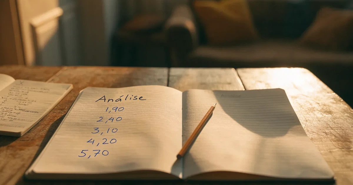Um caderno aberto com cotas escritas à mão, uma calculadora e um lápis sobre uma mesa de madeira