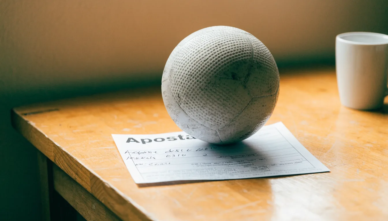 Uma bola de futebol pousada sobre um talão de apostas em branco numa mesa de madeira, à luz do dia