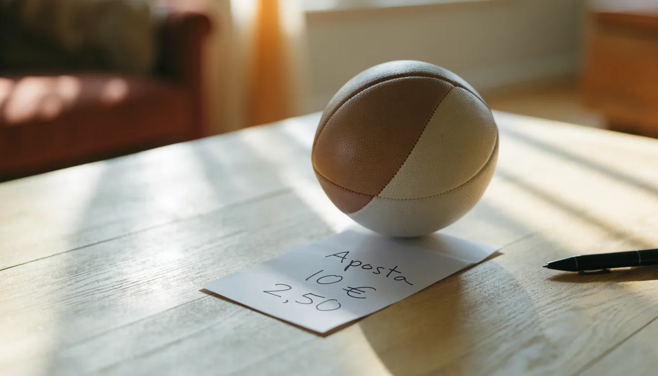 Uma bola de futebol pousada sobre um talão de apostas em branco numa mesa de madeira, à luz do dia
