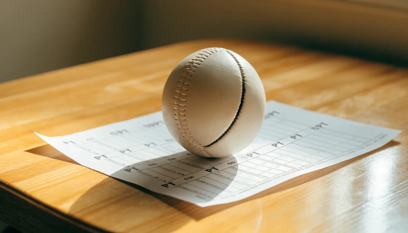 Uma bola de futebol pousada sobre um talão de apostas em branco numa mesa de madeira, à luz do dia