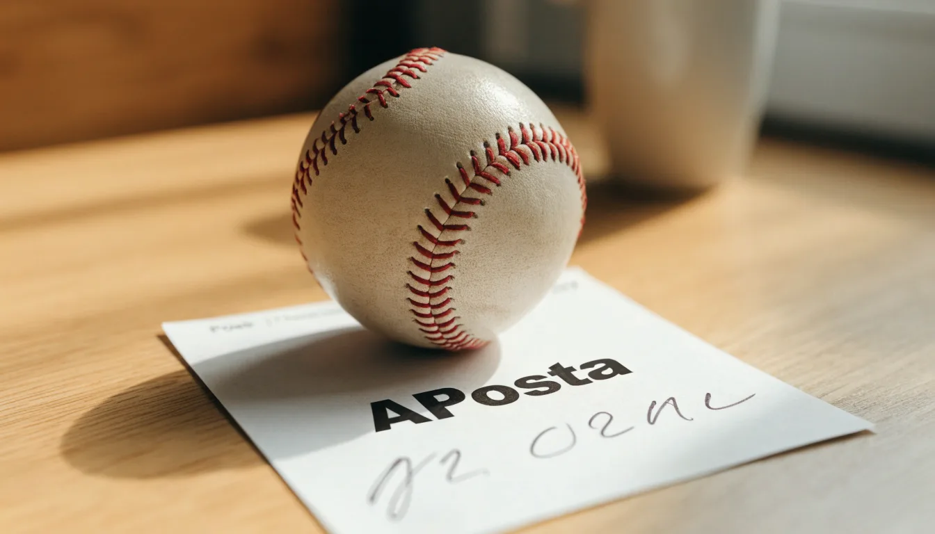 Uma bola de futebol pousada sobre um talão de apostas em branco numa mesa de madeira, à luz do dia