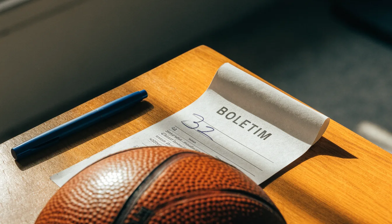 Uma bola de futebol pousada sobre um talão de apostas em branco numa mesa de madeira, à luz do dia