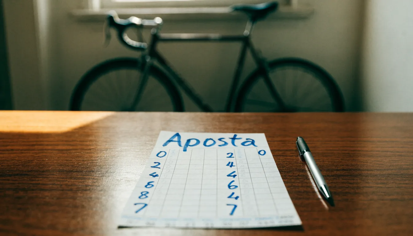 Uma bola de futebol pousada sobre um talão de apostas em branco numa mesa de madeira, à luz do dia