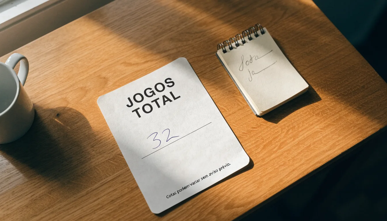 Uma bola de futebol pousada sobre um talão de apostas em branco numa mesa de madeira, à luz do dia