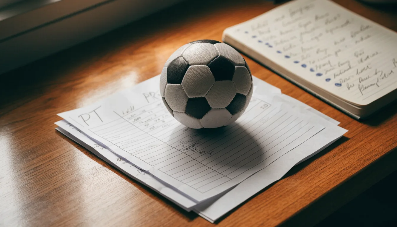 Uma bola de futebol pousada sobre um talão de apostas em branco numa mesa de madeira, à luz do dia
