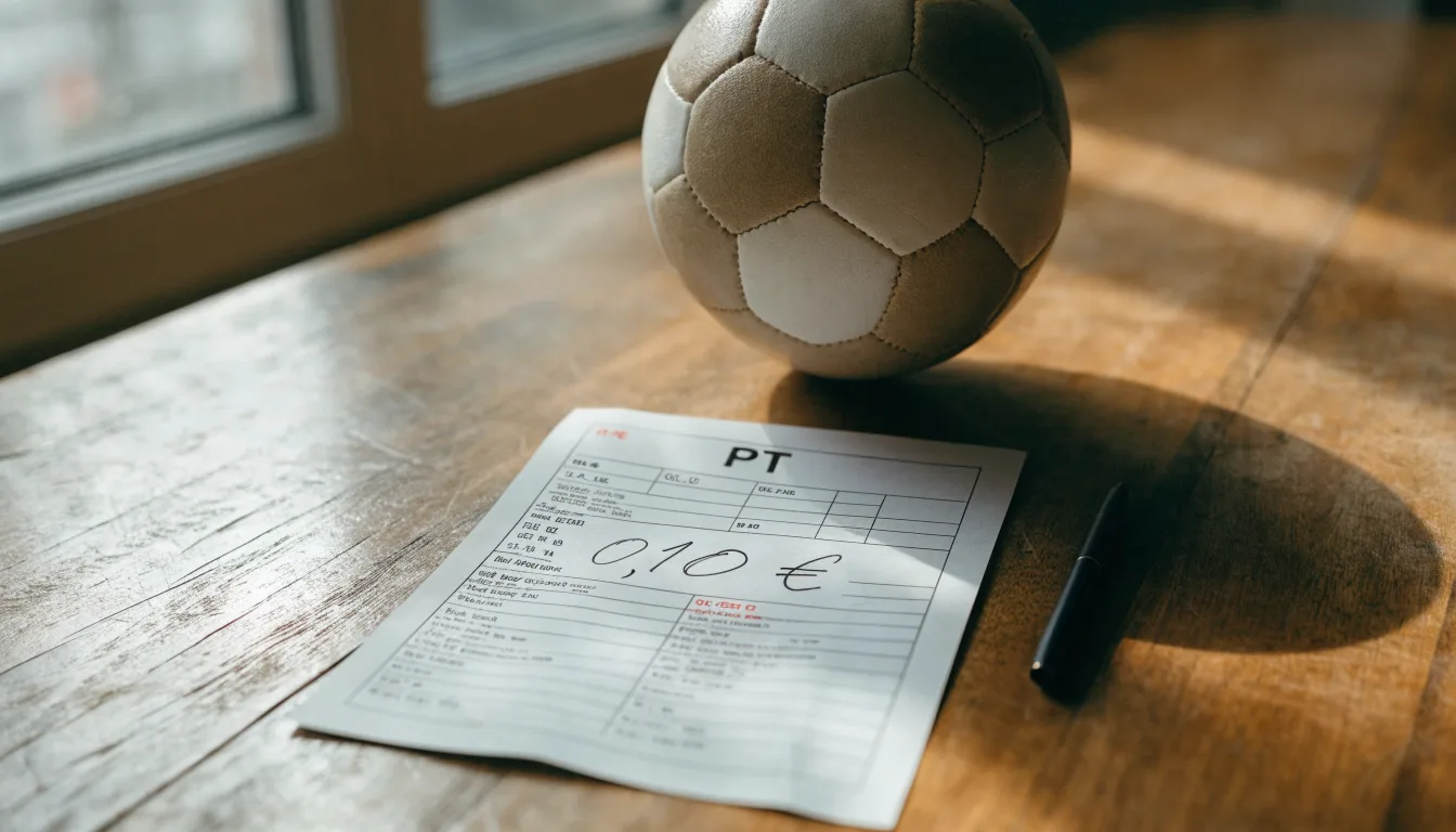 Uma bola de futebol pousada sobre um talão de apostas em branco numa mesa de madeira, à luz do dia