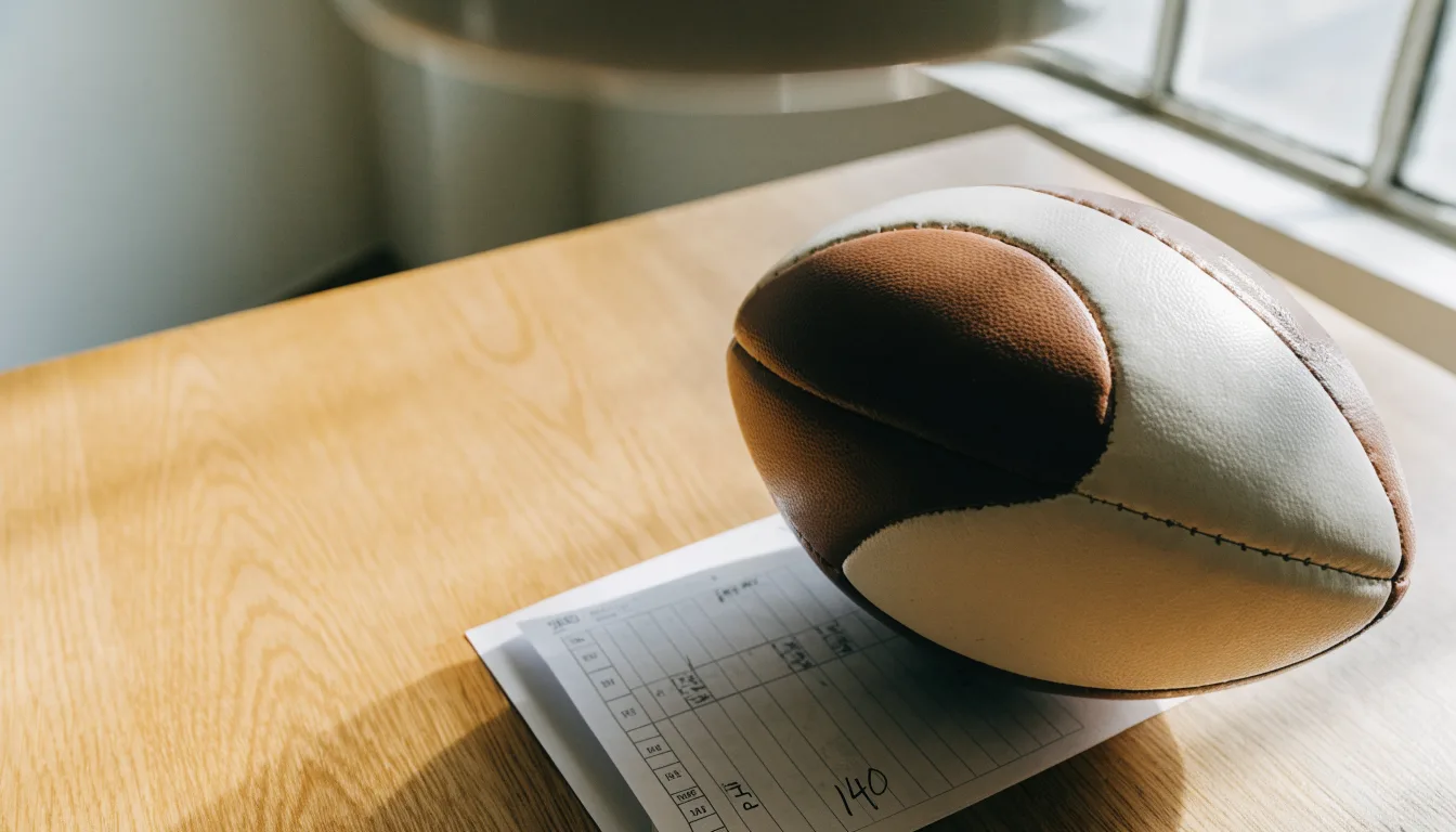 Uma bola de futebol pousada sobre um talão de apostas em branco numa mesa de madeira, à luz do dia