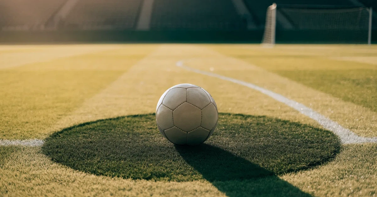 Uma bola de futebol no ponto central de um relvado, à luz da manhã