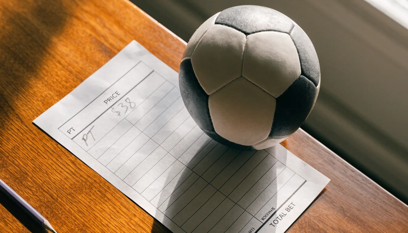 Uma bola de futebol pousada sobre um talão de apostas em branco numa mesa de madeira, à luz do dia