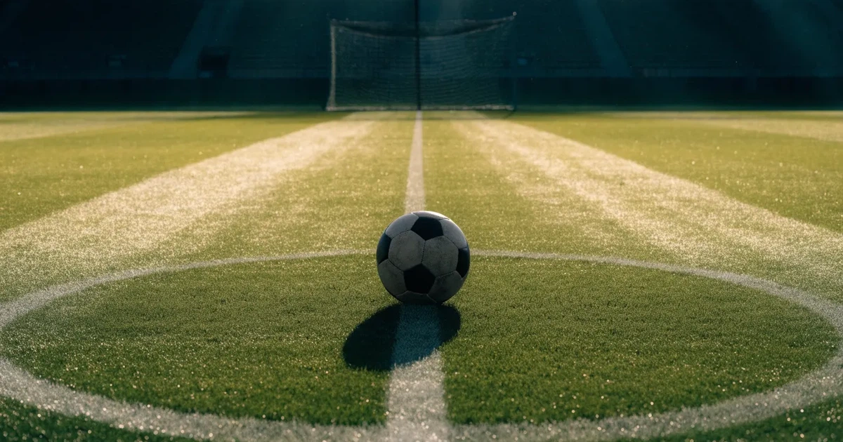 Uma bola de futebol no ponto central de um relvado, à luz da manhã
