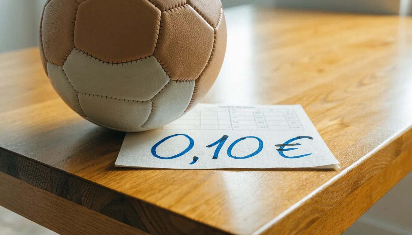 Uma bola de futebol pousada sobre um talão de apostas em branco numa mesa de madeira, à luz do dia