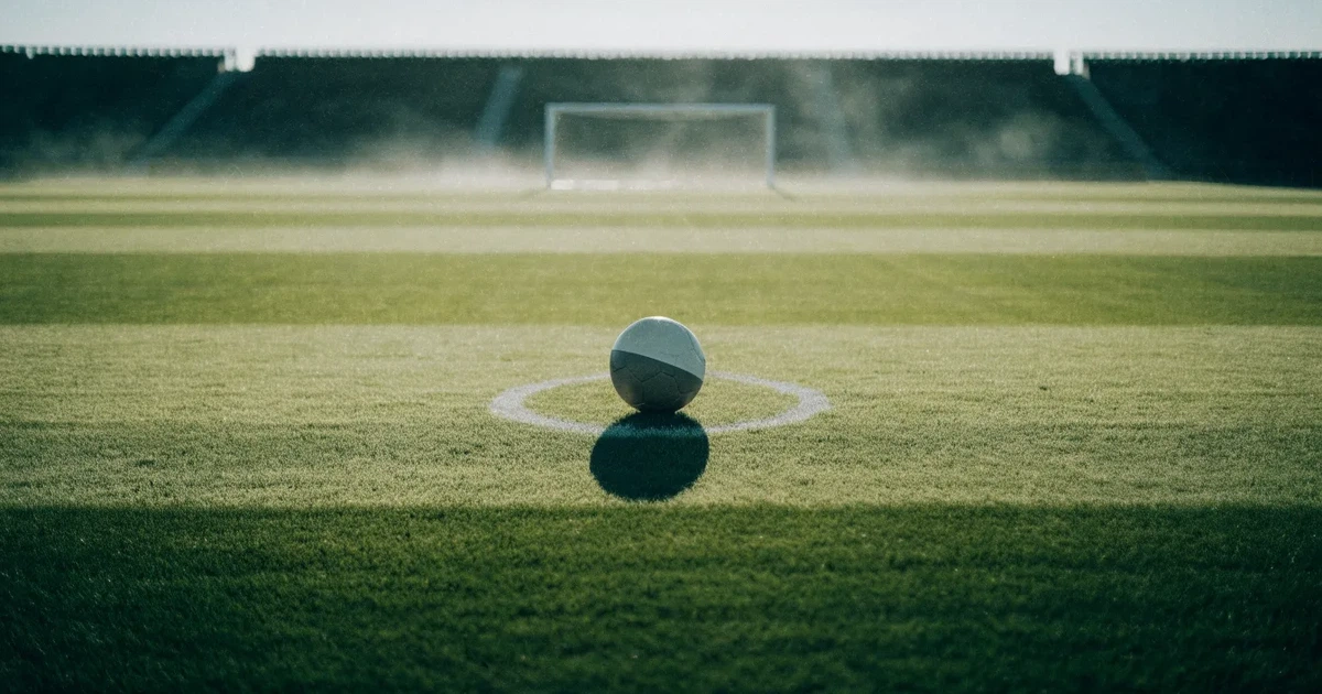 Uma bola de futebol no ponto central de um relvado, à luz da manhã