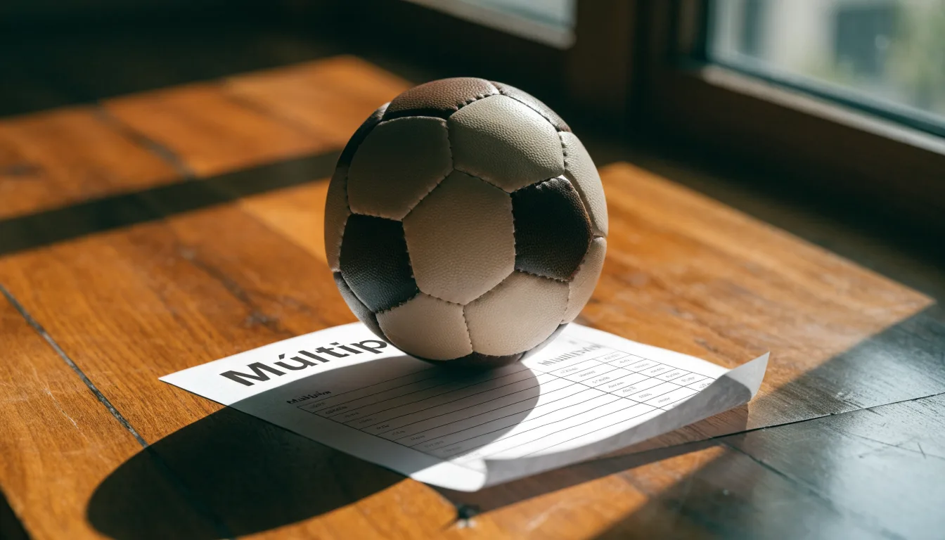 Uma bola de futebol pousada sobre um talão de apostas em branco numa mesa de madeira, à luz do dia