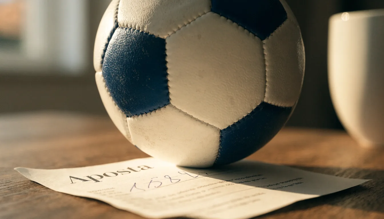 Uma bola de futebol pousada sobre um talão de apostas em branco numa mesa de madeira, à luz do dia