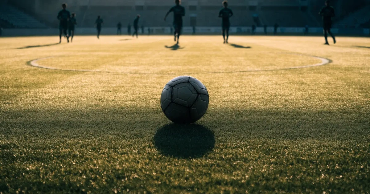 Uma bola de futebol no ponto central de um relvado, à luz da manhã