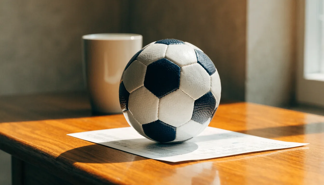 Uma bola de futebol pousada sobre um talão de apostas em branco numa mesa de madeira, à luz do dia