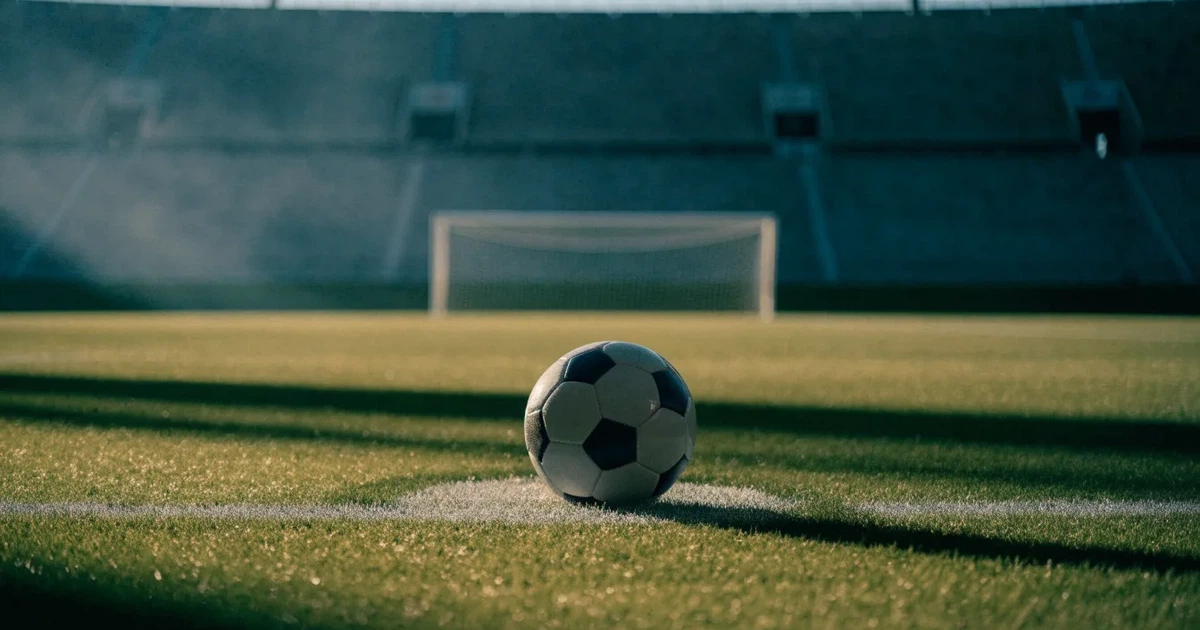 Uma bola de futebol no ponto central de um relvado, à luz da manhã