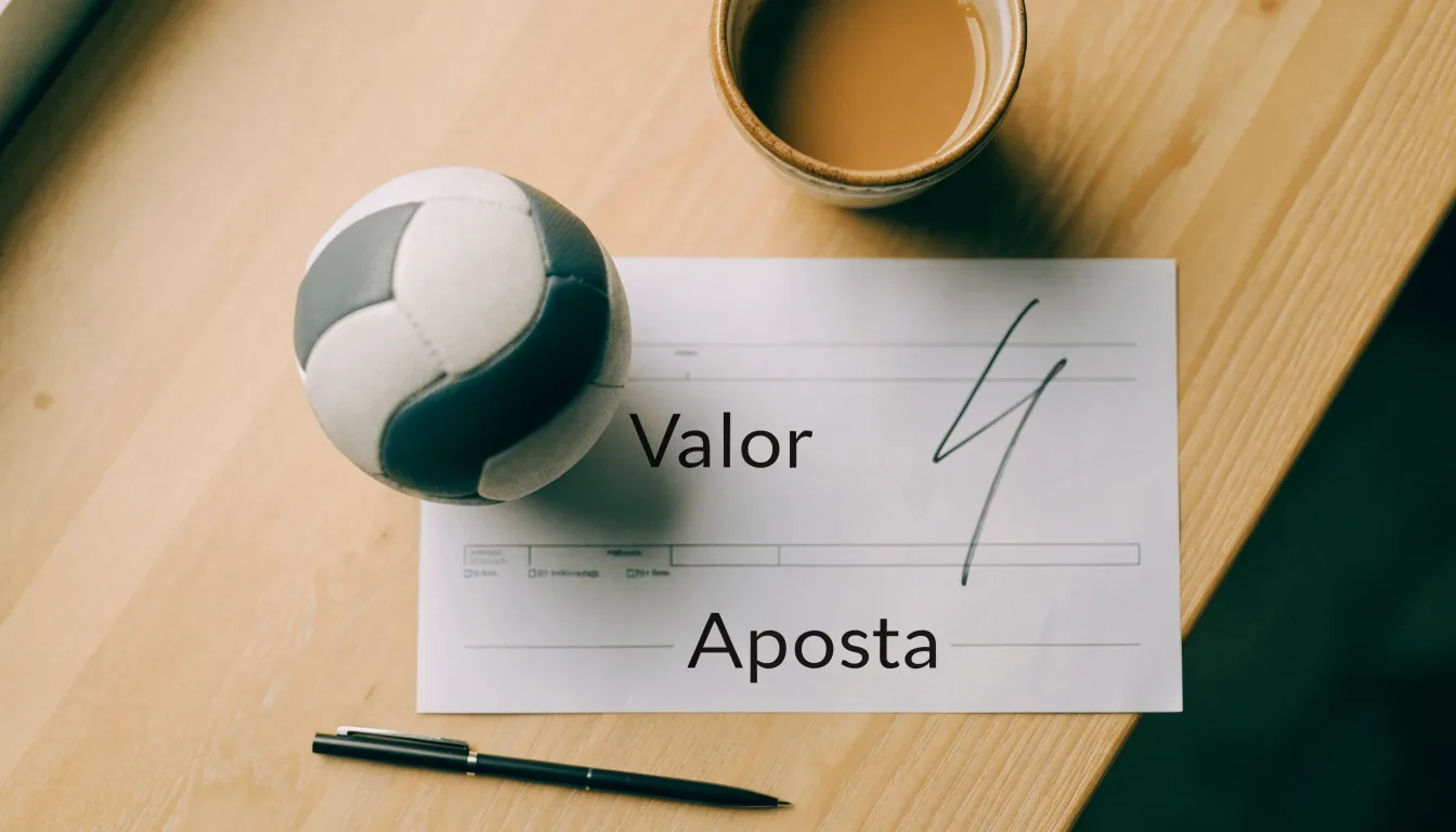 Uma bola de futebol pousada sobre um talão de apostas em branco numa mesa de madeira, à luz do dia