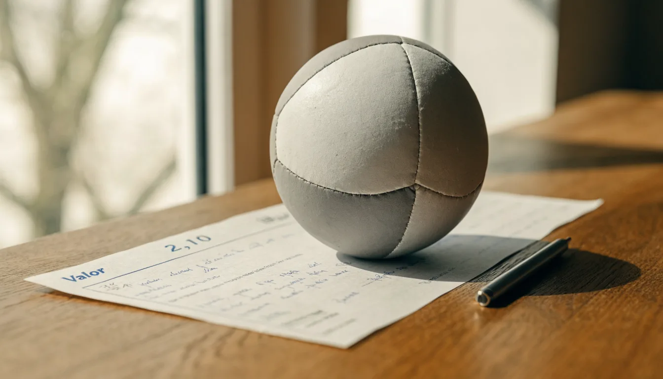 Uma bola de futebol pousada sobre um talão de apostas em branco numa mesa de madeira, à luz do dia