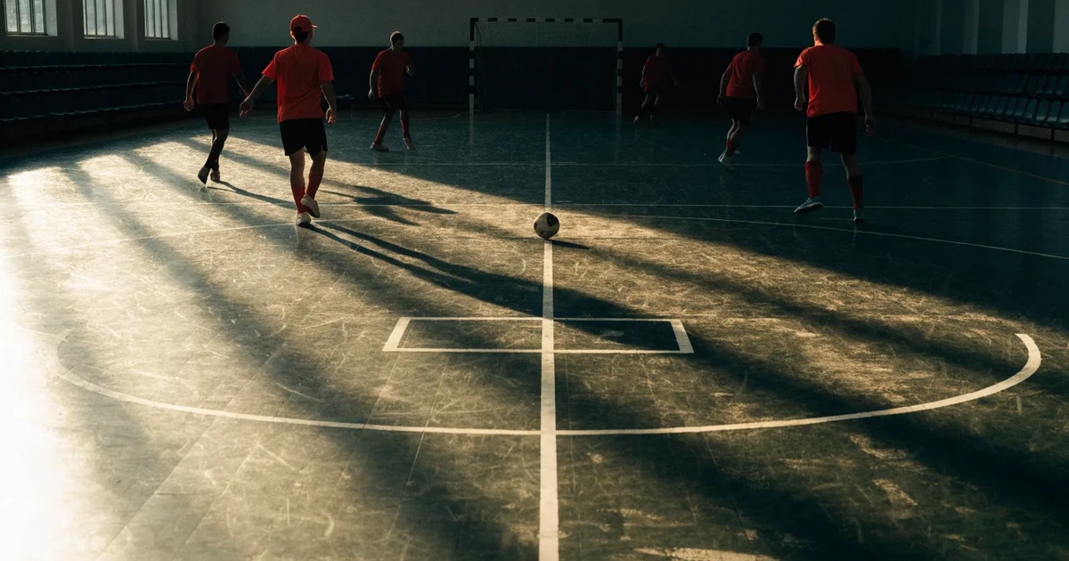 Uma bola de futebol no ponto central de um relvado, à luz da manhã