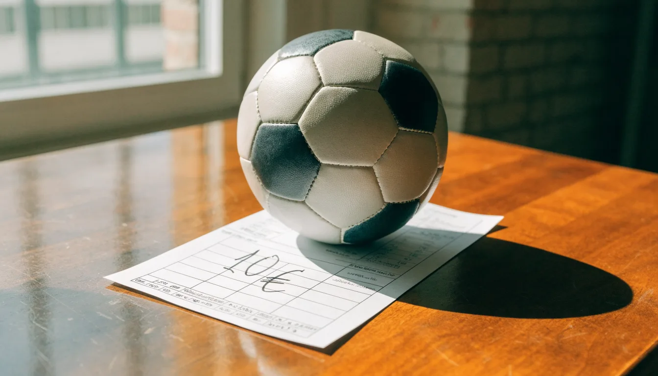 Uma bola de futebol pousada sobre um talão de apostas em branco numa mesa de madeira, à luz do dia