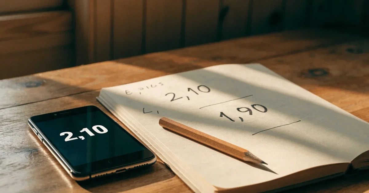 Um caderno aberto com cotas escritas à mão, uma calculadora e um lápis sobre uma mesa de madeira
