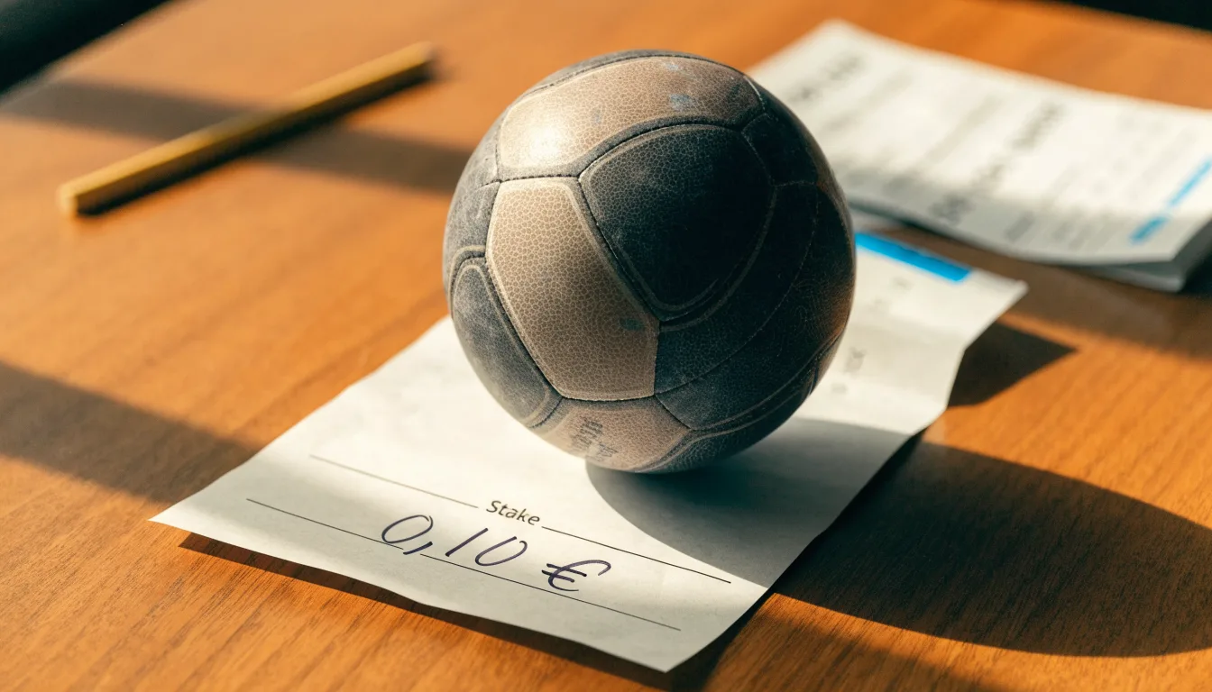 Uma bola de futebol pousada sobre um talão de apostas em branco numa mesa de madeira, à luz do dia