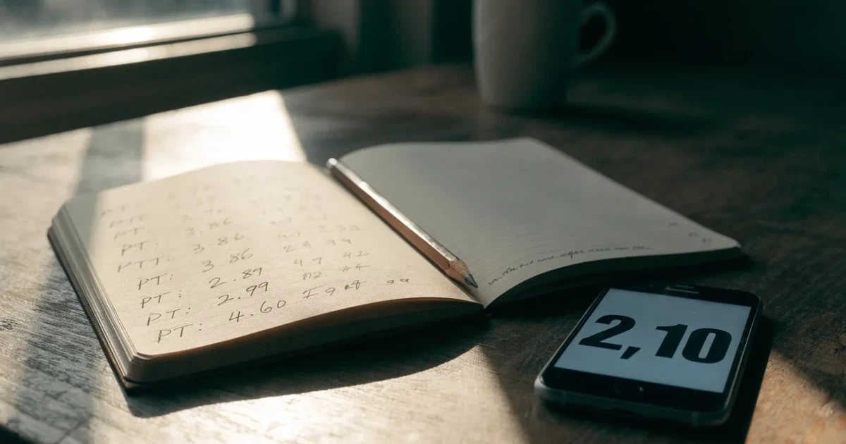 Um caderno aberto com cotas escritas à mão, uma calculadora e um lápis sobre uma mesa de madeira