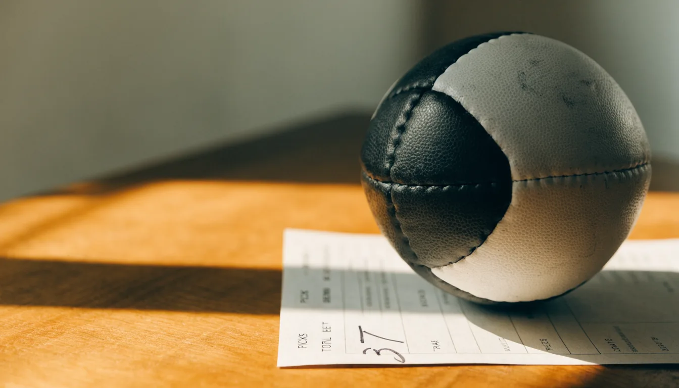 Uma bola de futebol pousada sobre um talão de apostas em branco numa mesa de madeira, à luz do dia