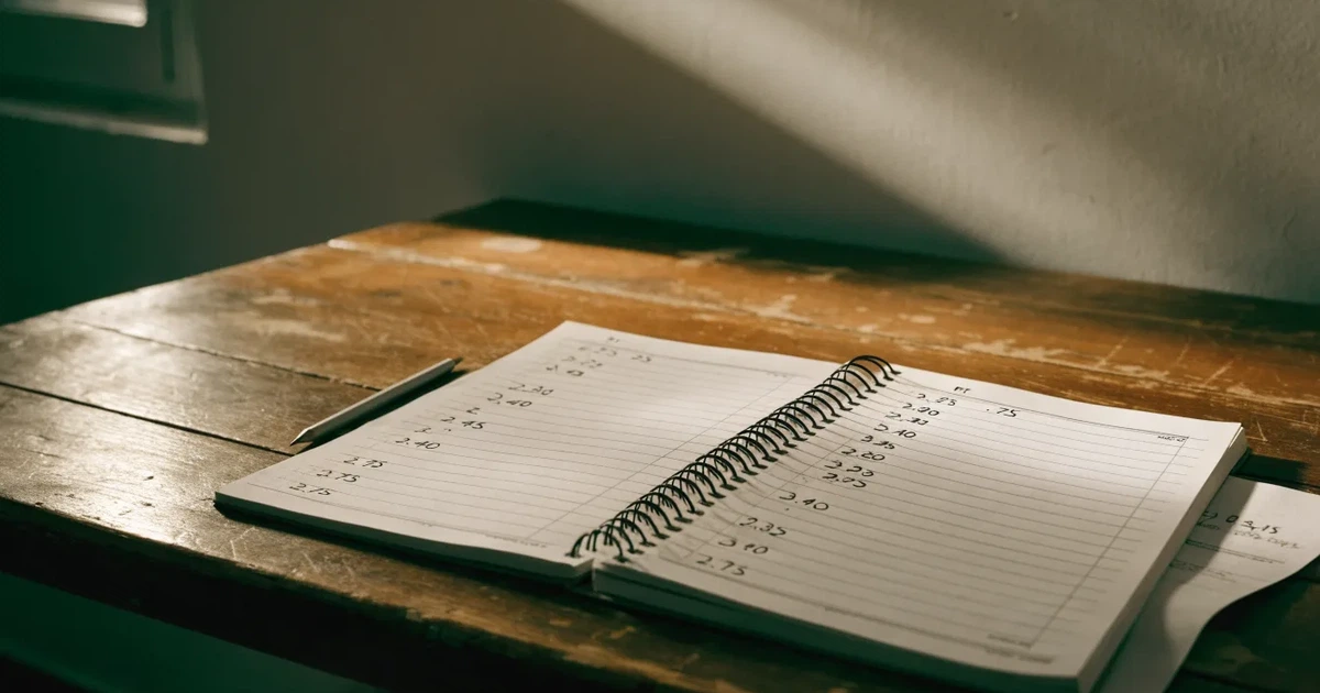 Um caderno aberto com cotas escritas à mão, uma calculadora e um lápis sobre uma mesa de madeira