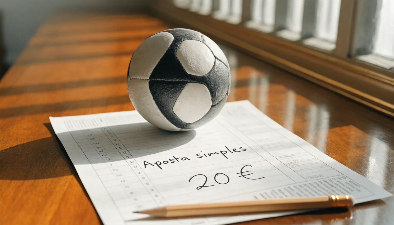 Uma bola de futebol pousada sobre um talão de apostas em branco numa mesa de madeira, à luz do dia