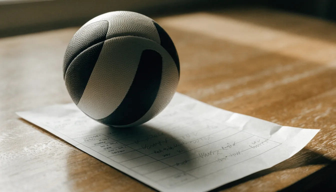 Uma bola de futebol pousada sobre um talão de apostas em branco numa mesa de madeira, à luz do dia
