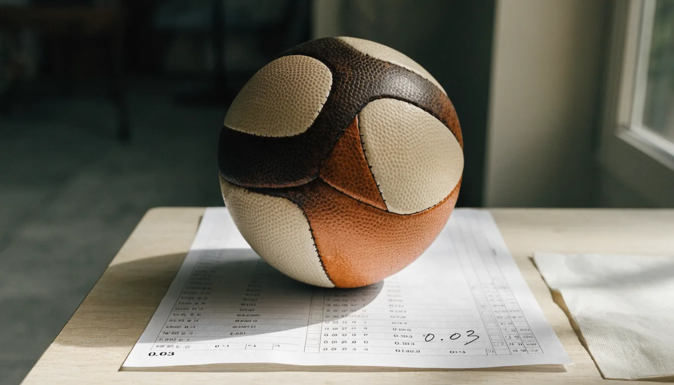 Uma bola de futebol pousada sobre um talão de apostas em branco numa mesa de madeira, à luz do dia