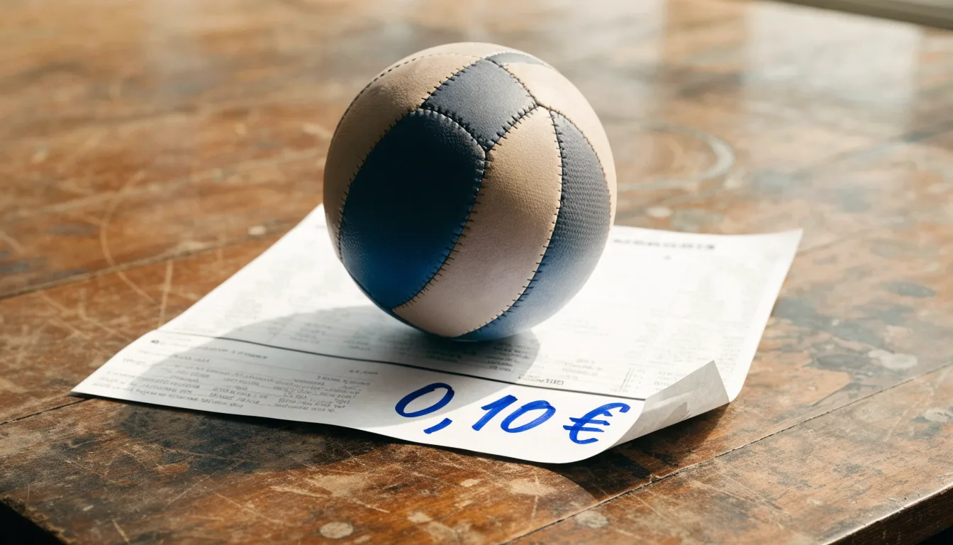 Uma bola de futebol pousada sobre um talão de apostas em branco numa mesa de madeira, à luz do dia