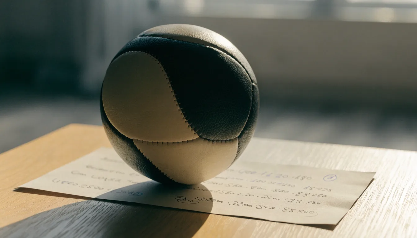 Uma bola de futebol pousada sobre um talão de apostas em branco numa mesa de madeira, à luz do dia