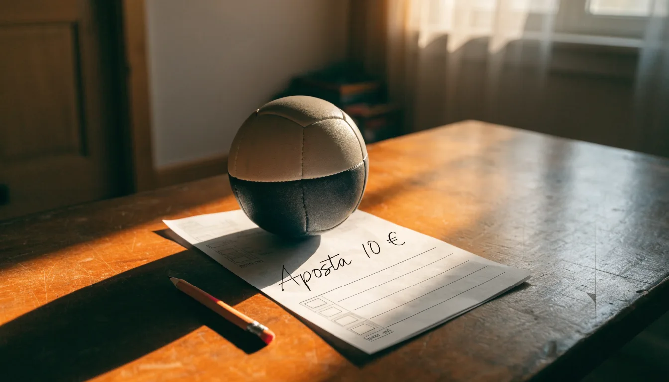 Uma bola de futebol pousada sobre um talão de apostas em branco numa mesa de madeira, à luz do dia