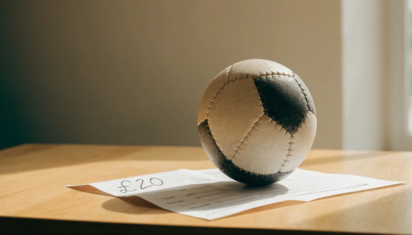 Uma bola de futebol pousada sobre um talão de apostas em branco numa mesa de madeira, à luz do dia