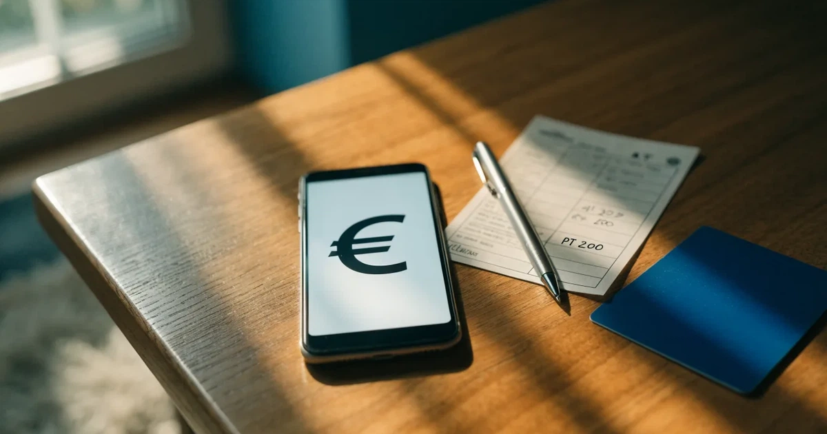 Um telemóvel e um cartão bancário lado a lado numa mesa de madeira, com algumas notas de euro ao lado