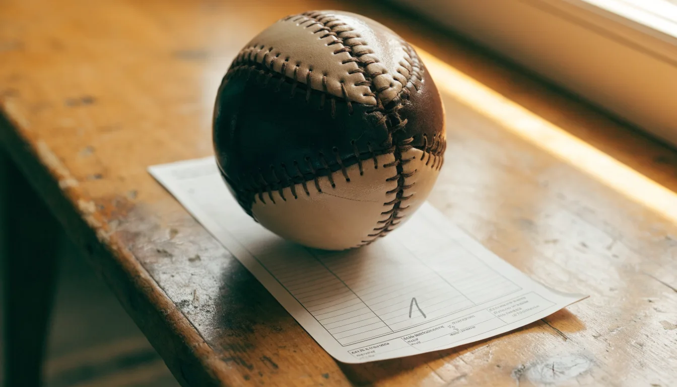 Uma bola de futebol pousada sobre um talão de apostas em branco numa mesa de madeira, à luz do dia