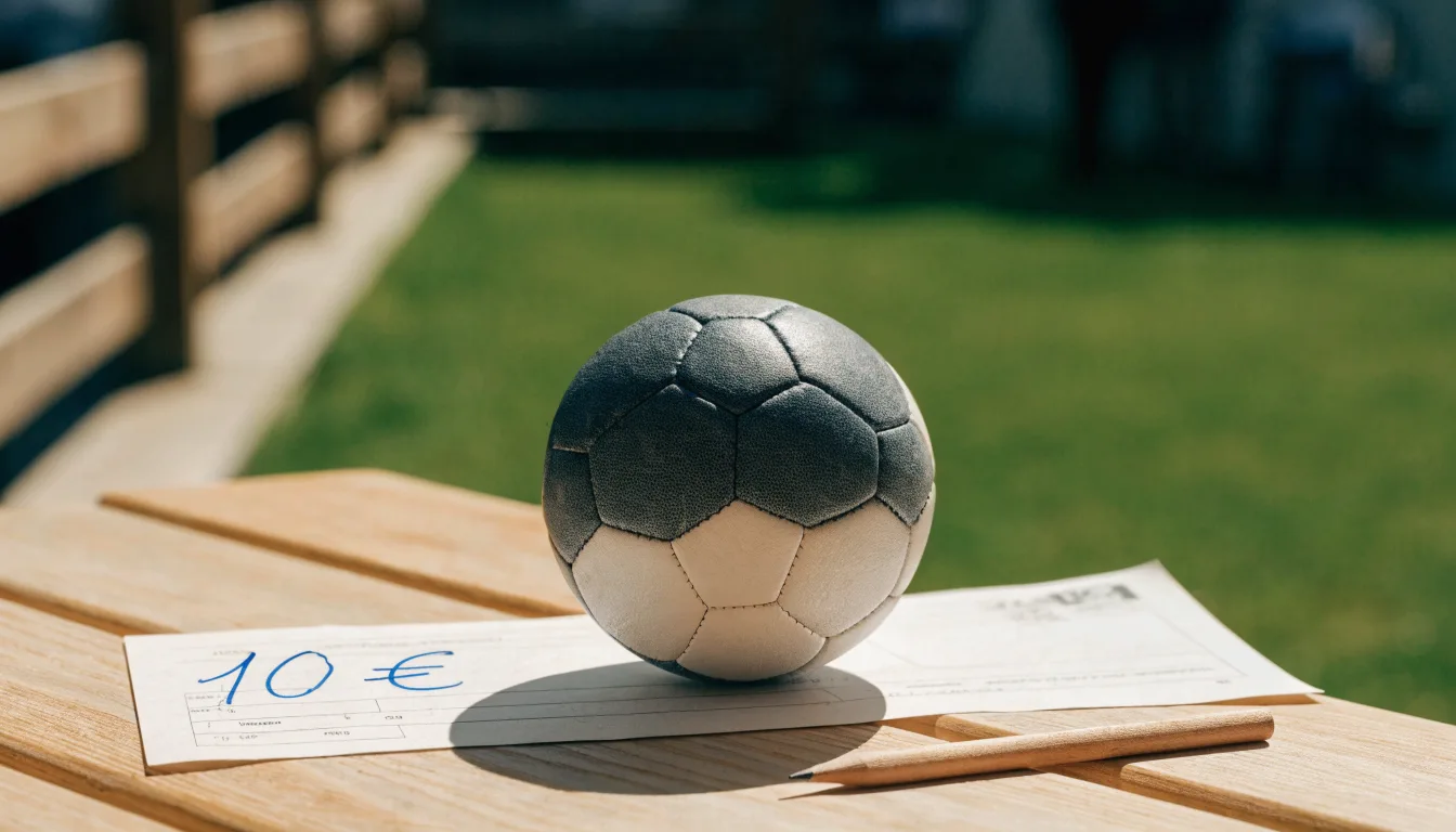 Uma bola de futebol pousada sobre um talão de apostas em branco numa mesa de madeira, à luz do dia