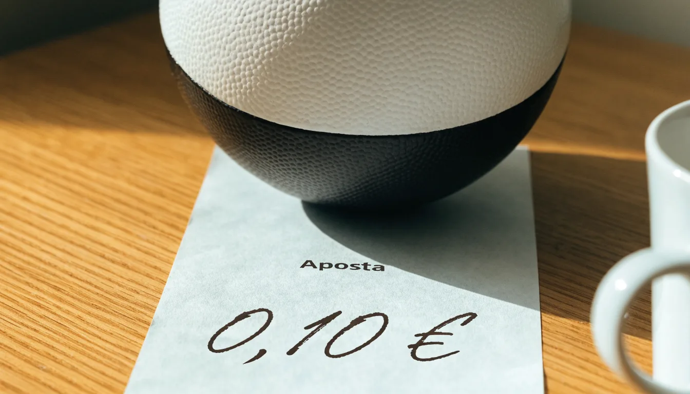Uma bola de futebol pousada sobre um talão de apostas em branco numa mesa de madeira, à luz do dia