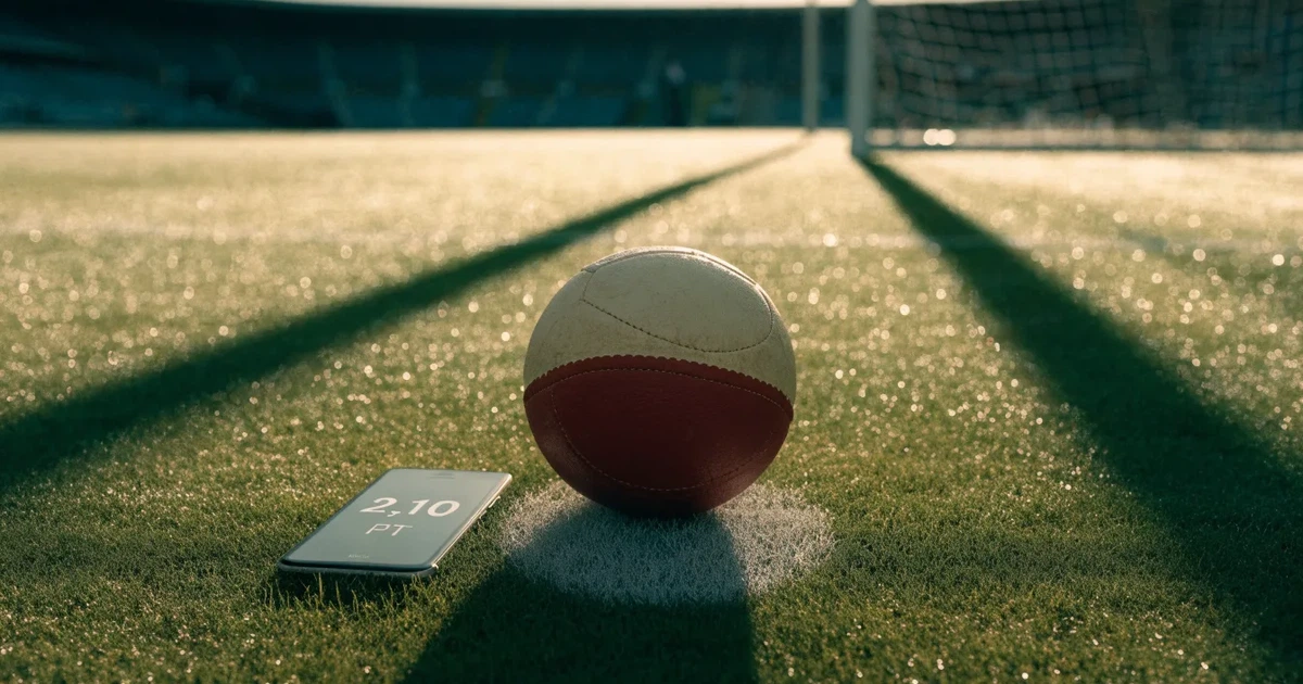 Uma bola de futebol no ponto central de um relvado, à luz da manhã