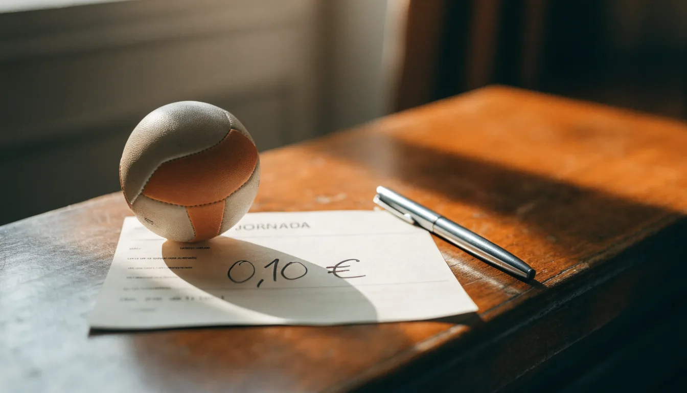 Uma bola de futebol pousada sobre um talão de apostas em branco numa mesa de madeira, à luz do dia