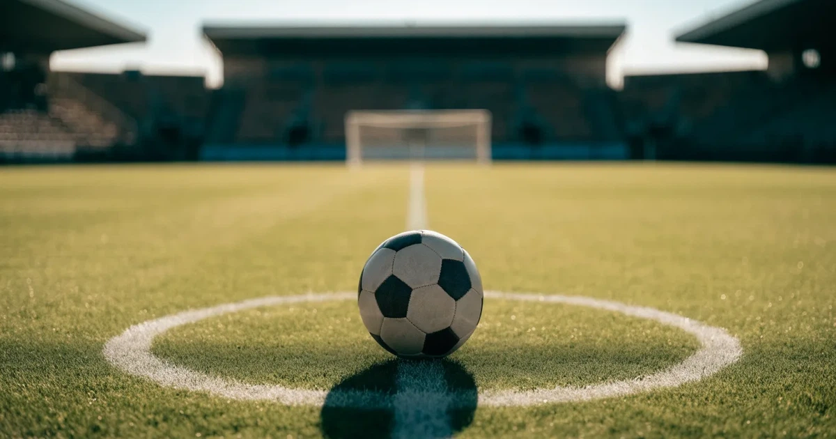 Uma bola de futebol no ponto central de um relvado, à luz da manhã