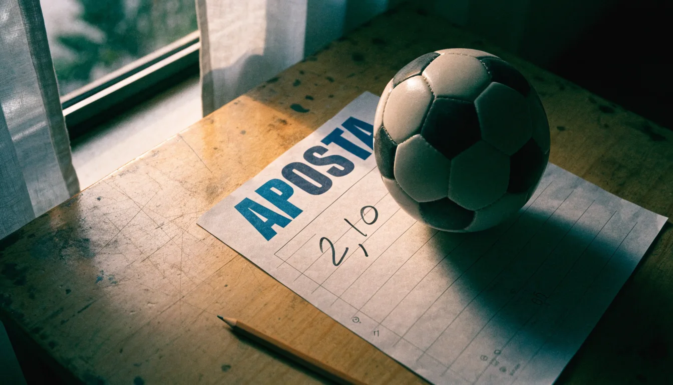 Uma bola de futebol pousada sobre um talão de apostas em branco numa mesa de madeira, à luz do dia