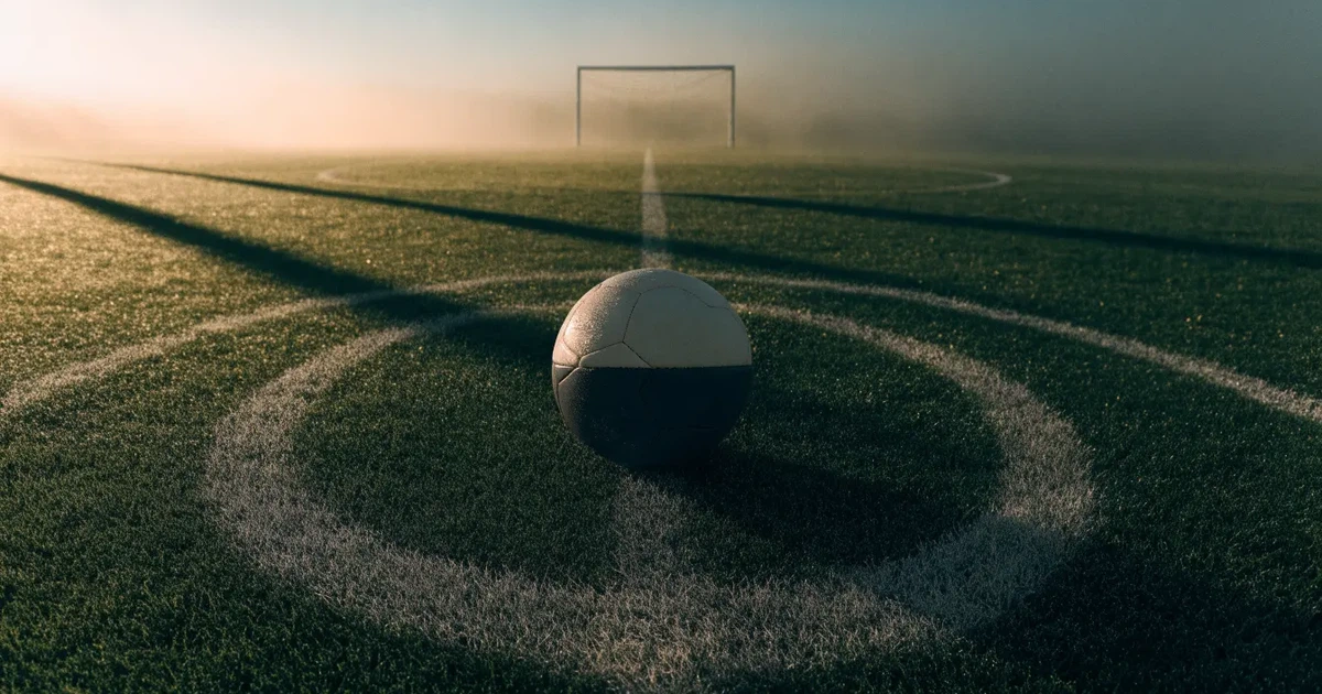 Uma bola de futebol no ponto central de um relvado, à luz da manhã